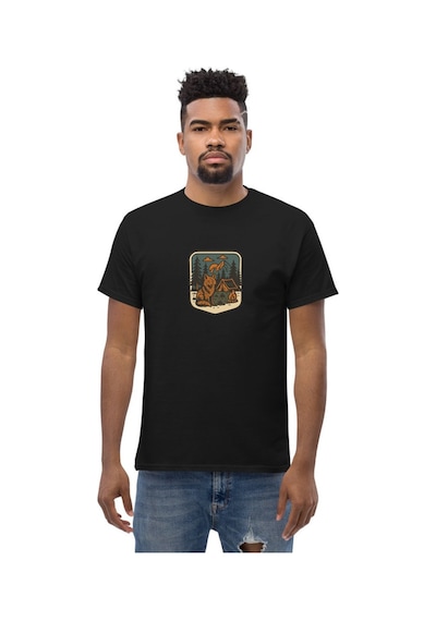 Wildstyle Tilki Renkli Vintage Yaban Hayat Doğa Orman Rozet Baskılı Unisex Bisiklet Yaka Pamuklu Tişört Siyah