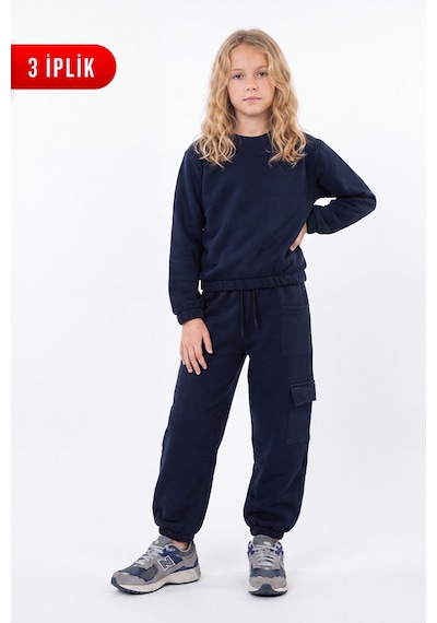 Fyk Kids 3 İplik Kız Çocuk Düz Kısa Bel Sweatshirt Bisiklet Yaka Eşofman Takımı Lacivert