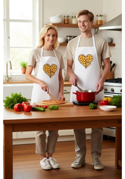 Erkek Unisex Mutfak Aşçı Önlüğü Pizza Kalp Baskılı Rahat Kesim Gü Beyaz