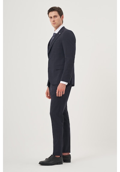 Morven Erkek Lacivert Yünlü Trend Ekoseli Slim Fit Sivri Yaka Takım Elbise 26mc001013200 Lacivert