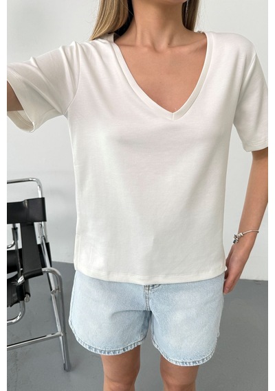 Giysa Kadın V Yaka Modal Kumaş Basic T-shirt Beyaz - Ms0001587