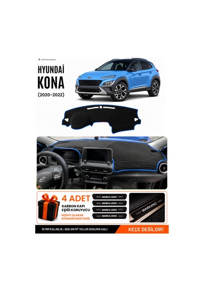 Hyundai Kona 2020-2022 Uyumlu Torpido Koruma, Torpido Örtüsü, Torpido Kılıfı - Siyah Mavi