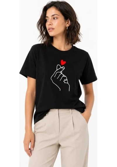 Valensdesign Kore Parmak Kalp Aşk Temalı Minimal Baskılı Tişört Yazlık Kısa Kol T-shirt - Siyah