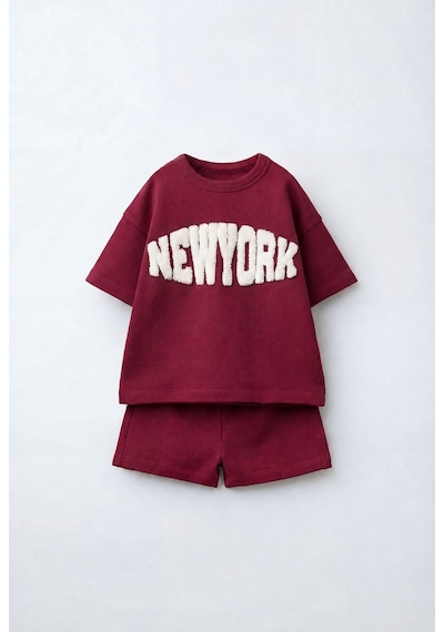 Magu Çocuk Pamuklu Bordo New York Yazı Aplikeli T-shirt Şort Takım