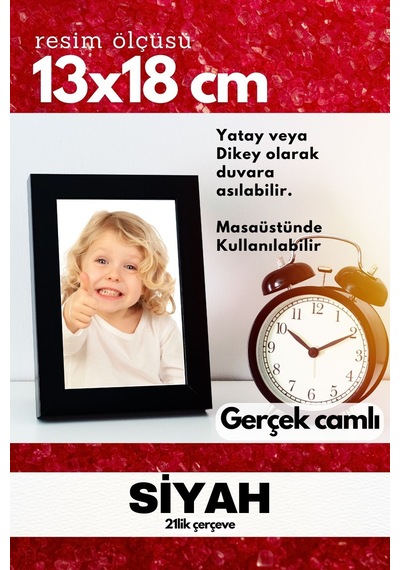 Gerçek Camlı 21lik Düz 13 X 18 Siyah Fotoğraf Resim Çerçevesi Ayaklı Arkalık Veya Duvara Asma