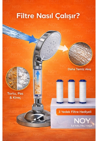 Duş Başlığı Filtreli Duş Başlığı Seti Kireç Önleyici Arıtmalı Duş Filtresi + 3 Yedek Filtre Beyaz