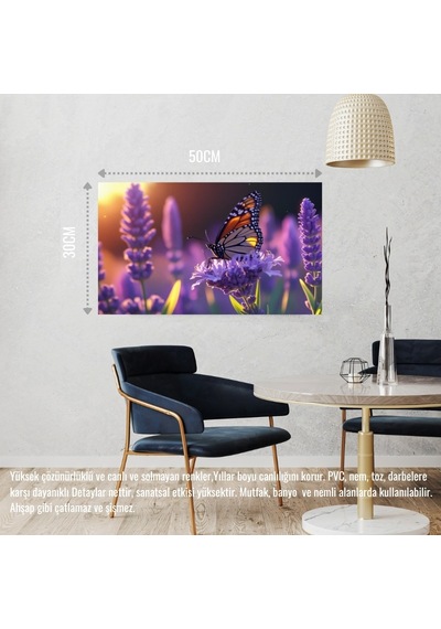 Kelebek Parlayan Güneş Işığı Altında Lavanta Çiçeğinin Üzerinde Dinleniyor 01 Çerçevesiz 50x30 Cm Pvc Tablo