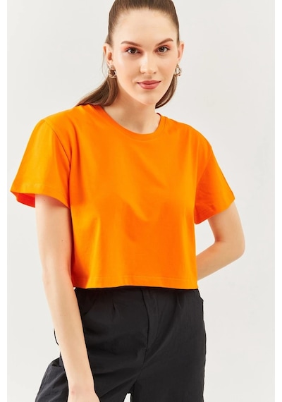 Kadın Rahat %100 Pamuklu Penye Bisiklet Yaka Kısa Kol Basic Crop T-shirt Turuncu