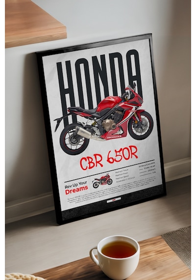 Honda Cbr 650r Siyah Ahşap Çerçeveli Poster, Dekoratif Motosiklet Duvar Tablosu