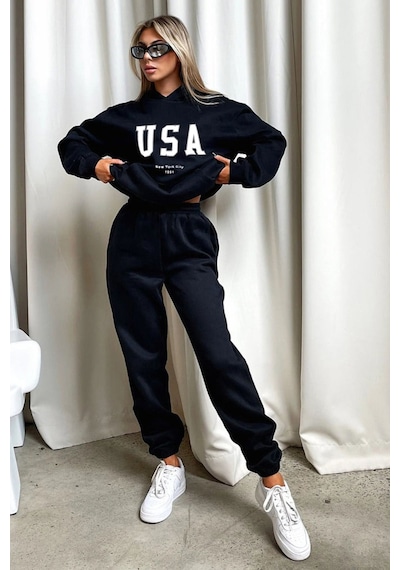 Usa Eşofman Takımı Sweatshirt Jogger - Siyah Baskılı Oversize Şardonlu Kapüşonlu Siyah