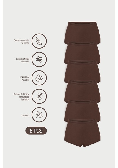 Auw Kadın Lastiksiz Pamuklu Modal Basic Boyshort 6'lı - Softfit Bitter