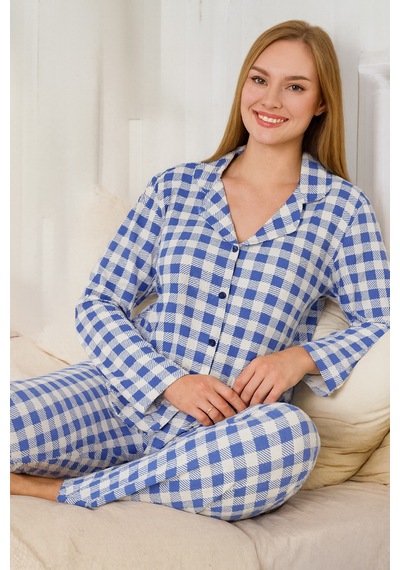 Remsa Kadın Ekose Desen Suprem Önü Düğmeli Pijama Takımı 0470 Mavi03 Mavi03