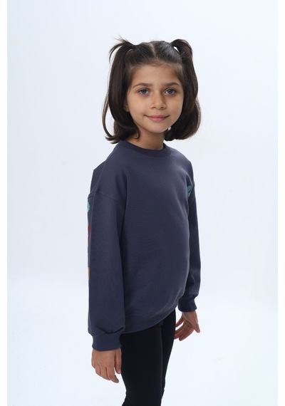 Toontoy Kız Çocuk Arka Kol Baskılı Çiçekli Sweatshirt Füme Melanj
