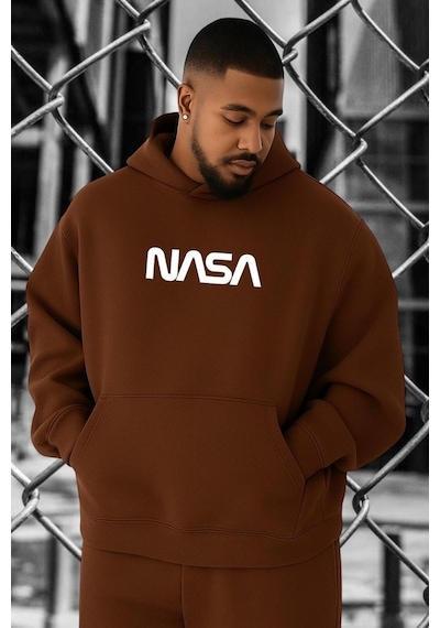 Benroma 3 İplik Penye Nasa Baskılı Büyük Beden Sweatshırt Kahverengi