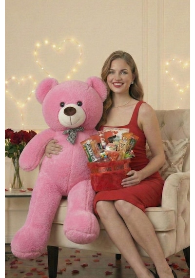 Kadınlar Günü Özel: 90 Cm Peluş Ayı Kırmızı Love Yazılı Tatlı Çikolata Sepeti Sevgiliye Hediye 27360705