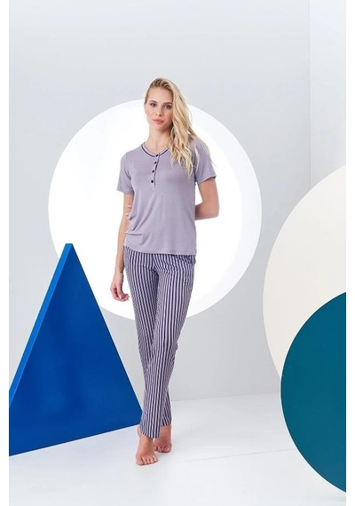 Pjs 24157 Kadın Çizgili Patlı Kısa Kol Pijama Takım 001