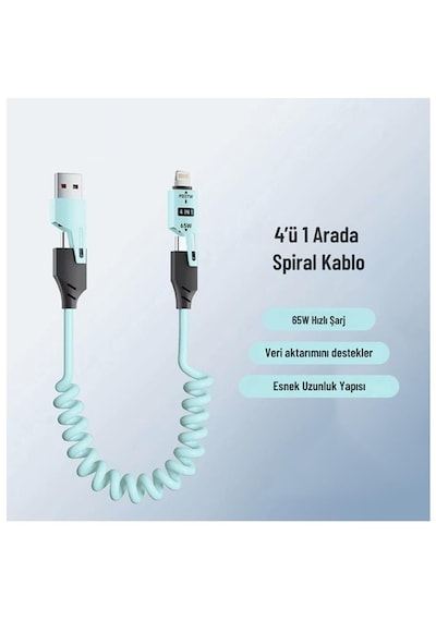 Usb Type C Lightning 4'ü 1 Arada 65w Pd Hızlı Şarj Data Kablosu 1.5m Spiral Çevirici