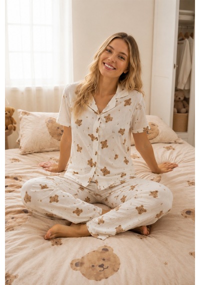 Ayıcık Desenli Bürümçük Kumaş Kısa Kollu Pijama Takımı 6068 Kırık Beyaz