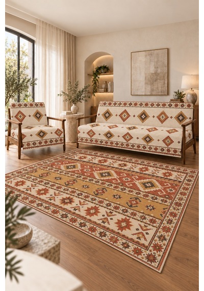 3 Lü Set 2 Adet 165x215 Cm Koltuk Örtüsü + 1 Adet 6m2 180x280 Cm Kaymaz Taban Dijital Baskılı Halı Kiremit
