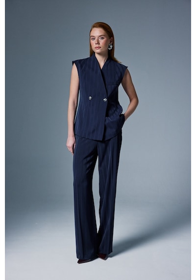 Sateen Anna Çizgili Pantolon - Lacivert-137094 Lacivert
