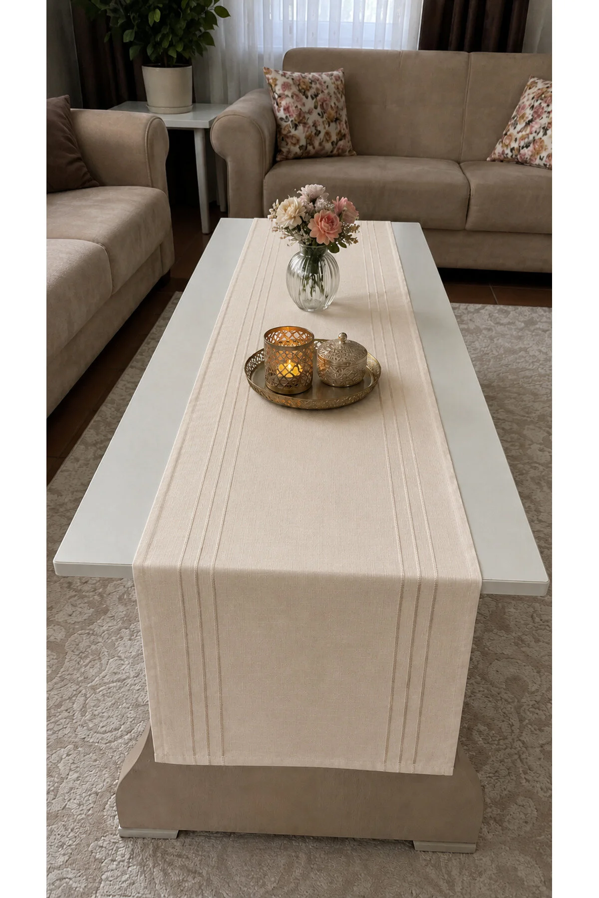 %100 Polyester Dertsiz Leke Tutmaz Şerit Desenli Runner Masa Örtüsü 34x220 Cm Krem