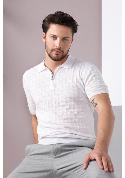 Ferraro Beyaz Polo Yaka Fermuarlı Erkek Pamuk Triko T-Shirt-Beyaz (429067769) Beyaz