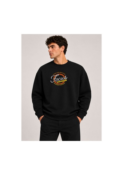 Herkesemoda Focus Baskılı Bisiklet Yaka Şardonlu 2 İplik Sweatshirt Siyah