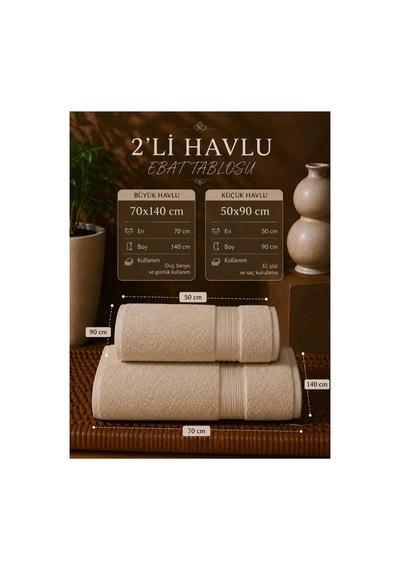 2 Li Banyo Havlu Seti 70x140 + 50x90 Yumuşak Dokulu Yüksek Emici Banyo Ve El Yüz Havlusu Takımı Ekru