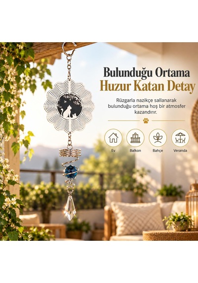 Kedi Desenli Rüzgar Çanı 36 Cm Metal Kristal Sarkıtlı Dekoratif Balkon Bahçe Asma Süsü