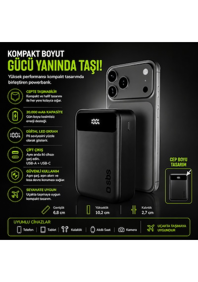 Sbs 20000 Mah Powerbank 20w Pd Hızlı Şarj Lcd Ekranlı Usb-c & Usb-a Taşınabilir Harici Batarya Siyah 20.000 Mah