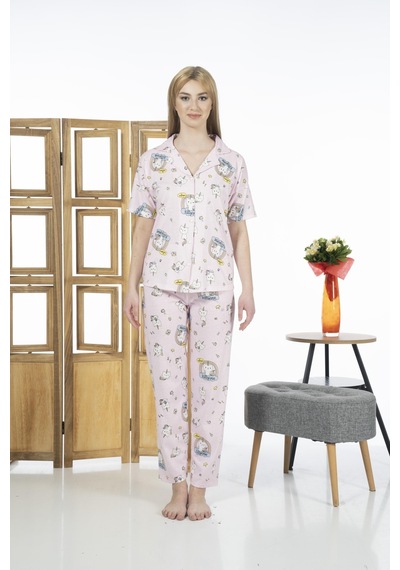 Estiva 24125 Kadın Kittycorn Kısa Kol Önden Düğmeli Yazlık Penye Pijama Takımı 001