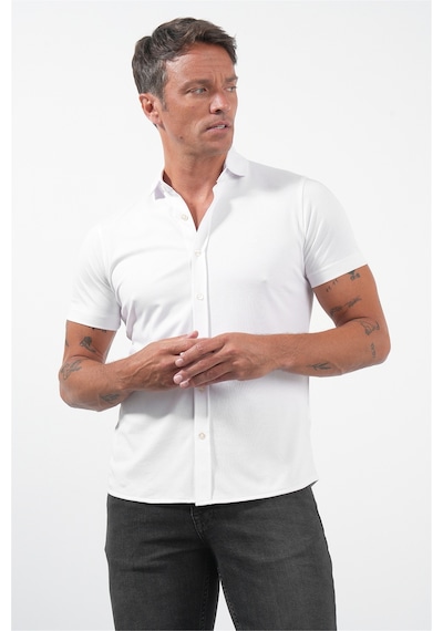 İmza Beyaz İtalyan Yaka Kısa Kol Cepsiz Slim Fit Pamuklu Gömlek 1004260158