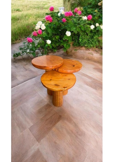 Wood Wooden Ahşap 3 Lü Set Fitilli Mantar Yan Sehpa Modern Açık Meşe Renk Fiskos Açık Meşe