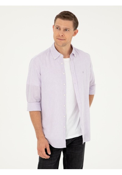 Cacharel Lila Slim Fit Keten Karışımlı Gömlek Pembe