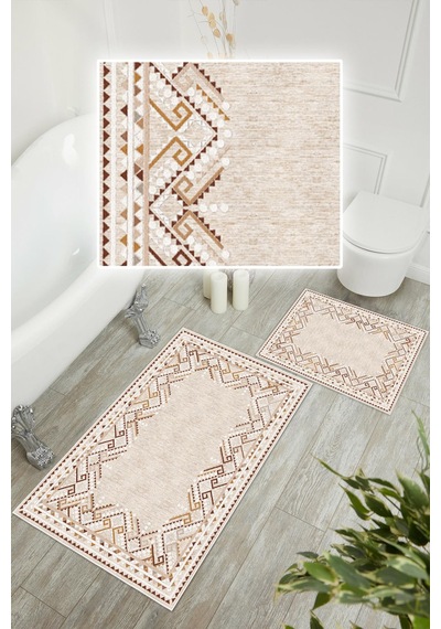 Dijital Baskı Kilim Desen Kaymaz Taban 2li Set Banyo Paspası Klozet Takımı 50x60cm-60x100cm Krem