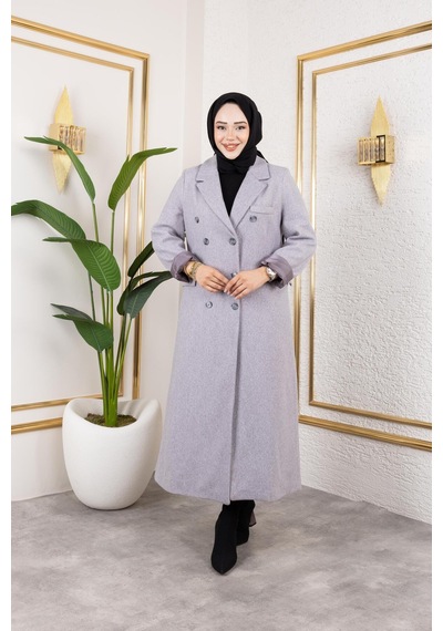 Hb Harma Time Butik Kadın Astarlı Düğmeli Cepli Uzun Gri Kaşe Kaban Açık Gri Açık Gri