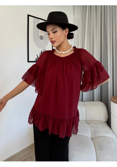 Lodmela Yaka Lastikli Şifon Bluz 6022-Bordo