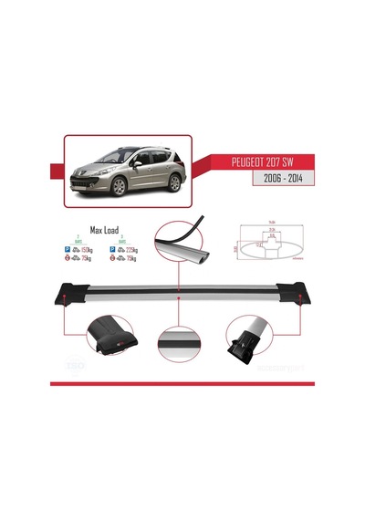 Peugeot 207 Sw 2006-2014 Arası İle Uyumlu Fly Model Ara Atkı Tavan Barı Gri
