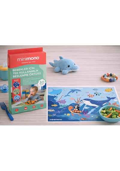 Minimono Bebekler İçin Tek Kullanımlık Beslenme Örtüsü- 30'lu Paket - Mavi Standart Turkuaz