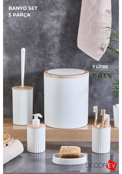 Mia-büyük Banyo 5 Li Set Çöp Kovası 7 Litre Beyaz Beyaz