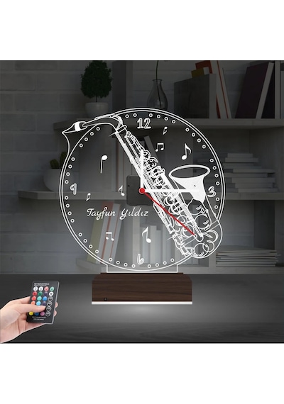 Luvivia Saksafon Enstrüman Müzik Nota Kişiye Özel Saatli 3d Lamba - Masa Gece Lambası Şeffaf