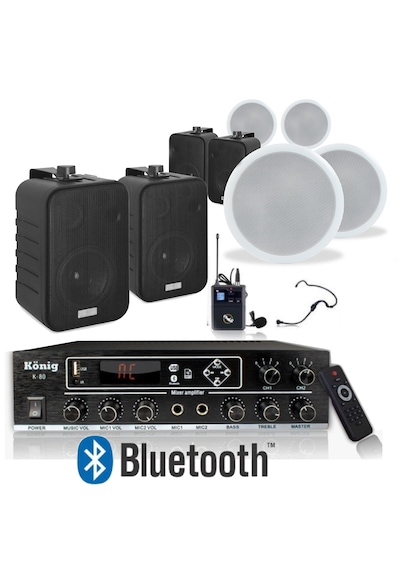 8 Li Duvar Ve Tavan Hoparlörlü Yaka Mikrofonlu Bluetooth Anfi Ses Sistemi Seti