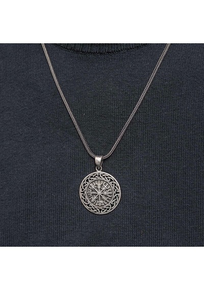 Gümüş Viking Pusula Erkek Kolye Çok Renkli