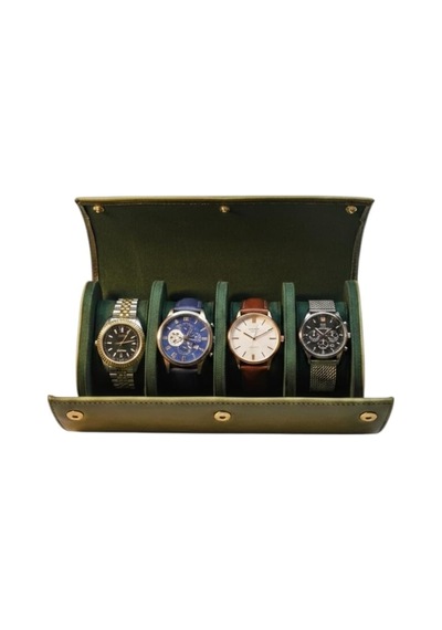 4 Lü Deri Saat Kutusu Silindir Tasarım Taşınabilir Saat Saklama Organizer 24x11x7 Cm Haki Çok Renkli