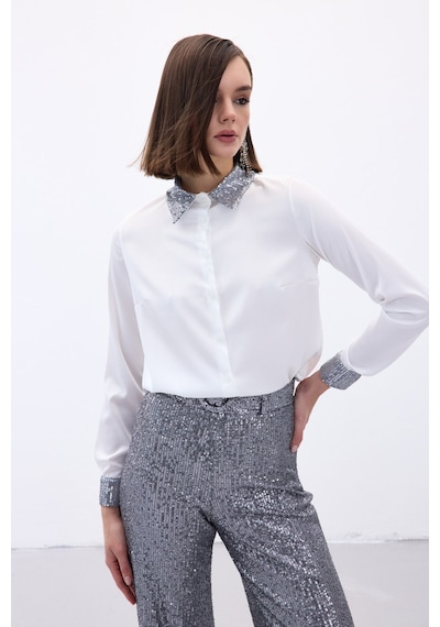 Sateen Payet Detaylı Saten Gömlek - Gri-136688 gri