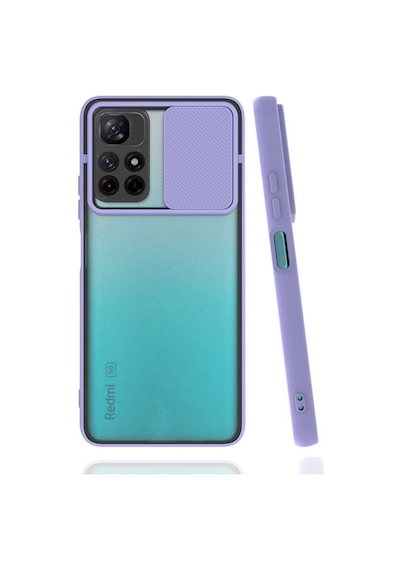 Noktaks - Poco M4 Pro 5g Uyumlu - Kılıf Slayt Sürgülü Arkası Buzlu Lensi Kapak - Lila Lila