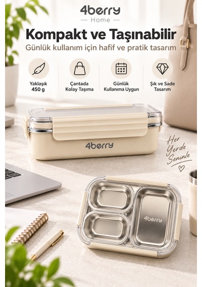 4berry Home 740 Ml 3 Bölmeli 304 Paslanmaz Çelik Termos Yemek Kabı Sızdırmaz Kapaklı, Isı Korumalı Beslenme Kutusu Krem-bej