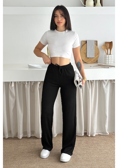 Kadın Bol Paça Sardonlu Kalın Pantolon Kışa Özel & Konforlu Stil Siyah