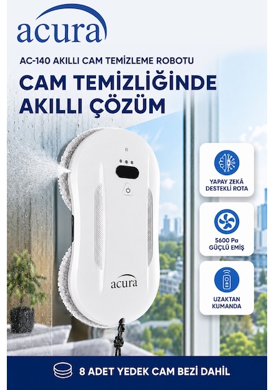 Acura AC-140 Sıvı Püskürtmeli Aı Cam Silme Robotu Uzaktan Kumandalı + 8 Yedek Ped
