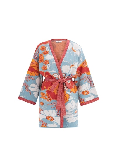 Peraluna Çicek Desenli Bol Kesim Pamuklu Kadın Triko Kimono-Çok Renkli